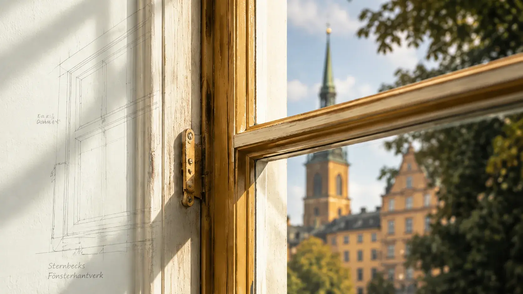 Äldre träfönster med Stockholm utanför.